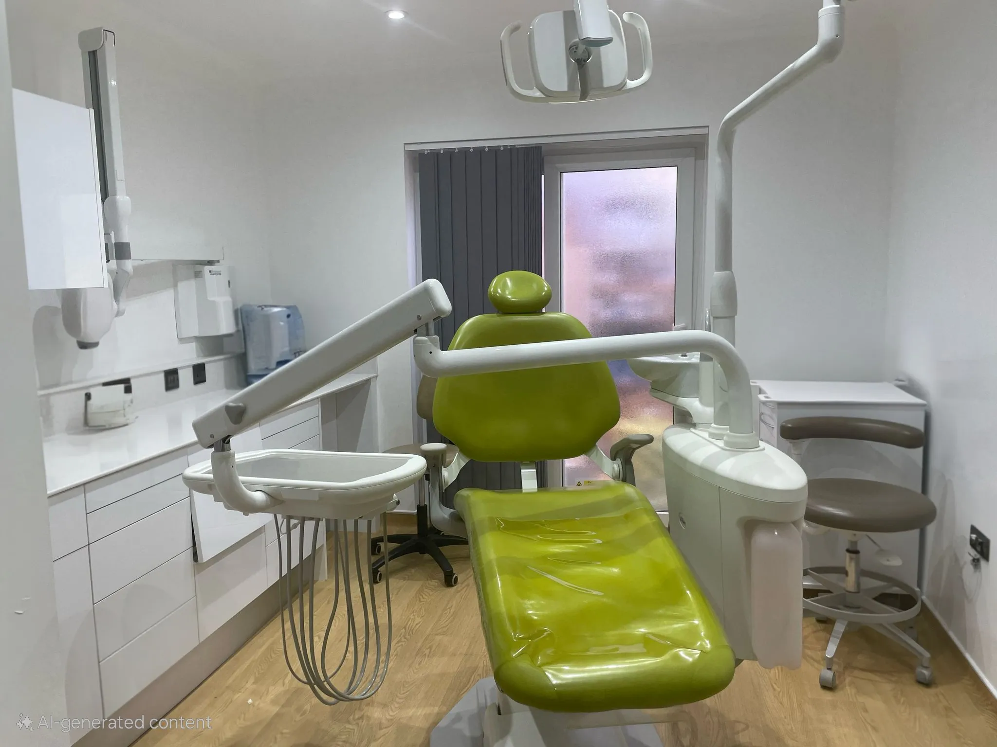A bright treatment room with a green dental chair at Paulton Dental